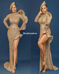 Glitter Gold Sequin Aso Ebi Prom Dress Mermaid South African Formal Wear Sexy High Split Long Sleeve Plus Size Evening Dresses Sparkle Black Girls Party Dress Bling