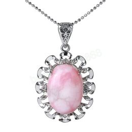 Healing Oval Pendant Necklace Natural Stone Pink Crystal Cabochon Bead Vintage Pendants Zircon Charm Jewelry for Women