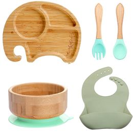 5Pcs/Set Baby Feeding Bowl Dinner Plate Bib Fork Spoon Kids Feeding Cartoon Tableware Bamboo Wood Non-slip Children's Tableware 220512