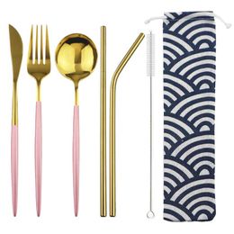 Dinnerware Sets Pink Gold Travel Stainless Steel Portable Cutlery Knife Spoon Fork Straw With Cloth Pack Dinner Set For PicnicDinnerware