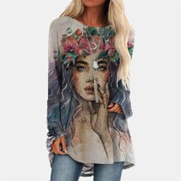 Women's T-Shirt Beauty Girl T Shirt For Women Long Sleeve O-neck Tunic Ladies Tops Basic Mujer Camisetas Loose Retro Tshirt