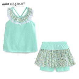 Mudkingdom Floral Summer Girls Outfits Backless Flower Cold Shoulder Tops and Skirted Short Clothes Set for Girls Beach Holiday 220509