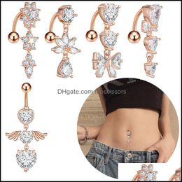 Body Arts Set Of 5 Pcs 14G Dangle Belly Button Rings For Women 316L Surgical Steel Cz Barbell Piercing Dangling Reverse Cu Topscissors Dho1P