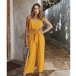 Women's Jumpsuits & Rompers 2022 Women Summer Jumpsuit V-Neck Sexy Bodysuit Sling Sleeveless Long Multicolor Striped Loose Casual