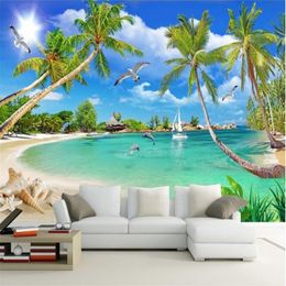 2022 customize 3d wallpaper walls Scandinavian beach coconut tree papel de parede do desktop mural