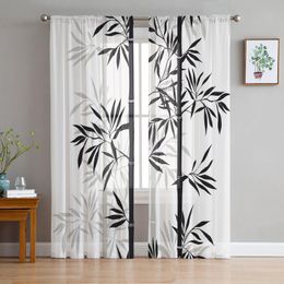 Curtain & Drapes Black White Bamboo Chinese Style Tulle Sheer Window Curtains For Living Room The Bedroom Modern Voile Organza DrapesCurtain