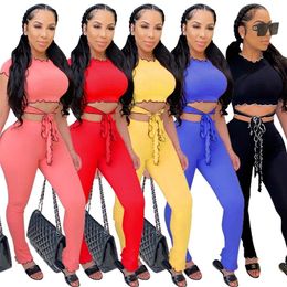 Women Two Pieces Sets Summer Tracksuits Lace Up Ruffles TopsPants Suit Sporty Fitness Street Night Outfits 2 Pcs Street 75 210302