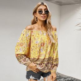 Fashion Simple Loose T-shirt Retro Print A Word Shoulder Sexy Bohemian Wind Beach Party 2022 Women Clothing Summer Long Sleeves Women's