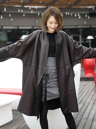 Lautaro Autumn Long Oversized Black Soft Faux Leather Wrap Coat Women Batwing Sleeve Casual Loose Stylish Korean Fashion 2022 L220728