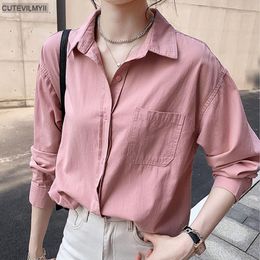 Women's Blouses & Shirts Pink White Shirt Loose 2022 Ladies Pockets Solid Fashion Korean Tops Long Sleeve Clothing Button Plus Size