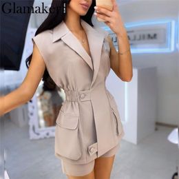 Glamaker Sleeveless 2 piece suit set women v neck elastic waist female office ladies set summer shorts co ord set sexy outfits 210302