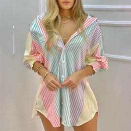 Women Fashion Striped Print Shirt Lady Long Sleeve Blouse Turn Down Collar Ruched Button Design Casual Tops 210716