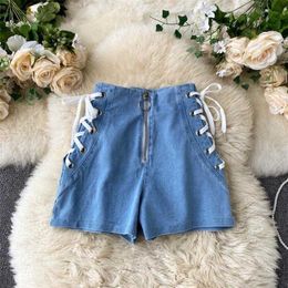 DEAT Women Bandage Wide Leg Denim Shorts Solid Colour High Waist Slim Zipper Fashion Spring Summer 11B717 210709