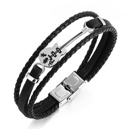 Unisex Stainless Steel Genuine Leather Guitar Bracelet Link Chain Handmade Braided Multi-Layer Wristband Musical Bracelet For Men Women, Music Enthusiast Gift