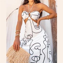 LIYONG Print Sexy Maxi Dres Backless Halter Summer Beach Dresses Hollow Out Sleeveless Loose Elegant Party Vestidos 220423