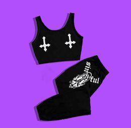 Women's Two Piece Pants Sexy Goth Emo Women Two-piece Suits Vest And Long Skull Print Sports Skeleton Sportswear Outdoor Yoga Fitness WearWo