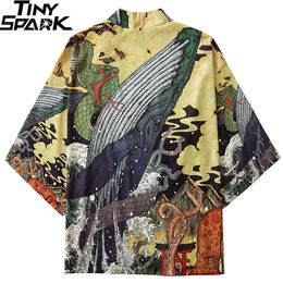 Japanese Kimono Jacket Fighting Snake Whale Harajuku 2020 Hip Hop Men Japan Streetwear Jacket Summer Thin Clothing Loose Kimono LJ201013