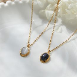 Pendant Necklaces Natural Stone Jewellery Black Onyx Lustre White Opal Oval Vintage Stainless Steel Necklace For Women Trendy Clavicle ChainPe