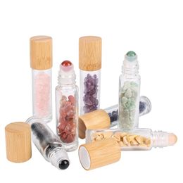 Sublimation 1pc Gemstone Roller Bottle Nature Quarz Essential Oil Bottles Bamboo Cover 10ml Travel Vials Glass Bottle 10 Color Rollers Jars