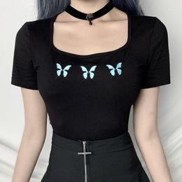 Women's T-Shirt 2022 E-girl Harajuku Gothic Femme Short T-shirts Butterfly Graphic Summer Black Tops Cotton Sleeve Women Clothing