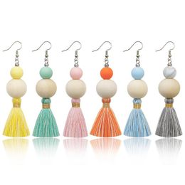 Silicone Bead Tassel Earring Party Favor Wooden Beads Handmade Knitting Cotton Threads Ear Ring Women Fashion Earrings with Tassel
