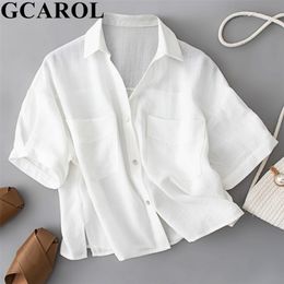 GCAROL Women 30% Cotton White And Pink Shirt V Neck Short Sleeve Oversized Cropped Tops Boyfriend Style Summer Spring Blouse 210326