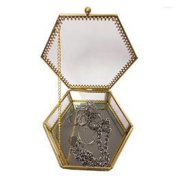 Jewellery Pouches Bags Hexagon Gold Brass Glass Ring Trinket Box Mirror Wedding Geometric Clear Tabletop Organiser Rita22