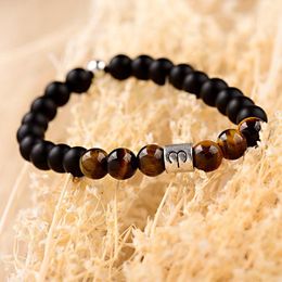 Beaded Strands 12 Zodiac Signs 8mm Tiger Eye&Black Natural Stone Bracelets Constellations Horoscope Bracelet Charm Jewelry For Women Men