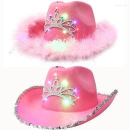 Berets Luminous Tiara Cowgirl Hat Western Style Cowboy Pink Women's Fashion Party Cap Warped Wide Brim With Sequin DecorationBerets