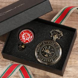 Pocket Watches Big Bronze Watch Men Fire Sign Souvenir Gift For Firemen Red Pendent Necklace Steampunk Fob Chain ClockPocket