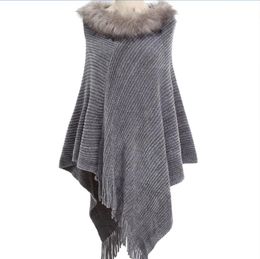 Women Batwing Cape Faux Fur loak Collar Pullover Poncho Chenille Knitting Sweater with Fringed Hem Plus Size