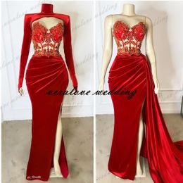 Red Vevlet Mermaid Evening Formal Dresses with Long Sleeve Jacket Wrap Sweetheart Lace Beaded African Prom Eneagement Gown