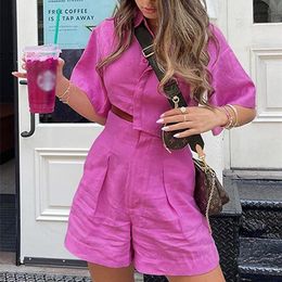 Cotton Irregular Women Shirt Shorts Suit Pink Turndown Collar Top Loose Pleated Solid Shorts Suits Summer Lady Casual Sets 220527