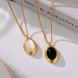 Fashion Retro Twist Chain Ridge Pattern Oval Black Agate Pendant Necklace White Mother-Of-Pearl Female Jewellery Gift Accessories