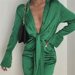 V-neck Soft Silk Satin Dress Women Spring Long Sleeve Collect Waist tie knot Mini Short Dress Elegant Lady Office Dresses 220406