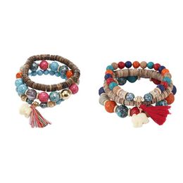 Armreifen 3pcs/festgelegtes ethnisches Stammeshalshärte Kostüm mehrschichtige Boho Stretch Perlen Armband Vintage Dangle Ohrringe für Frauen Girl Giftbangle