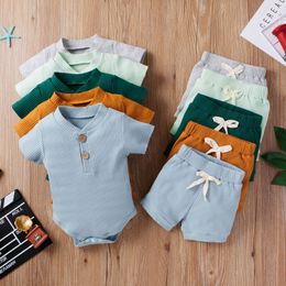 Boys Designer Clothes Kids Summer Boutique Clothing Sets Baby Solid Pit Striped Rompers Shorts Suits Breathable Casual Jumpsuits Drawstring Pants Outfits B8120