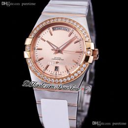 38mm Classic Day-Date A8500 Automatic Mens Watch Diamonds Bezel Two Tone Rose Gold Stick Markers Stainless Steel Bracelet 123.10.38.22.01.001 Puretime G40dmf6