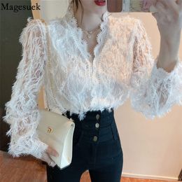 Vintage V-neck Long Sleeve Lace Blouse Women Tops Tassel White Shirts Blusas Hollow Out Lace Flowers Ladies Blouses Shirts 16095 220407