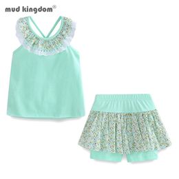 Mudkingdom Floral Summer Girls Outfits Backless Flower Cold Shoulder Tops and Skirted Short Clothes Set for Beach Holiday 220620