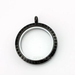 Pendant Necklaces 30mm Round Black Floating Locket With Crystal 316l Stainless Steel Memory Glass PendantPendant