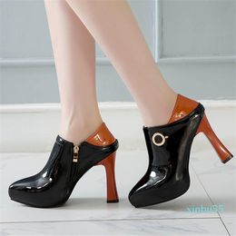 Dress Shoes Leather Platform High Chunky Heels Women Pumps Pointed Toe Buckle Strap Ladies Evening Party Black