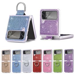 Luxury Bling Glitter Leather Folding Cases For Samsung Galaxy Z Flip 4 Flip4 ZFlip4 Finger Ring Fashion Hard PC Plastic Mobile Phone Flip Cover Skin PU Purse Pouch