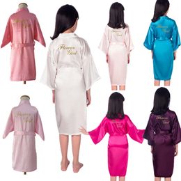 Flower Girls' Dresses Wholesale Link Flower Girl Robe Gold Glitter Children Satin Silk Kimono Solid Colour Kids Sleepwear for Wedding Spa Party