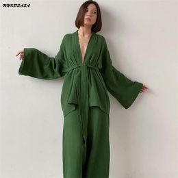 NHKDSASA Kimono Pajamas 100% Cotton Crepe Long-Sleeved Trousers Ladies Sleepwear Suit Women's Home Service Mujer 220329