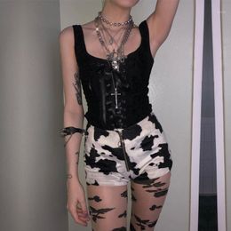 Women's Tanks & Camis Black Bandage Tank Tops Gothic Grunge Vintage Lace Women Top Streetwear Sleeveless Sext Mesh Ruch Ruffle