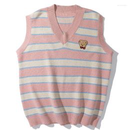Men's Vests LACIBLE Harajuku Streetwear Sweater Pullover Vest Men Vintage Striped Bear Patch Sleeveless Knit Loose Casual Tank Tops Guin22