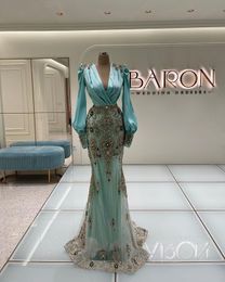 Mermaid Green Evening Women Long Sleeve Lace Sequins Appliques Floor Length Detachable Train Formal Satin Bow Ruched Prom Dress Plus Size Glitter