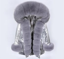 Gray Rabbit Fur Lining Long Silver Jacket Women Parkas Windproof Lavish Grey Fox Trim Plackets Mukla Furs Brand Female Coats