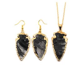 Pendant Necklaces Crystal Druzy Quartz Gold Edged Gemstone Natural Stone Necklace And Earrings Set For Female Jewelry SetPendant
